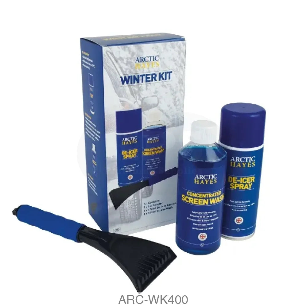 Arctic Hayes Winter Kit 400ml De-Icer Spray 500ml Screen Wash Ice Scraper Consumables