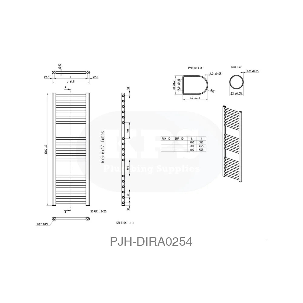 Grada Straight 30 Rad (500 x 1200 x 30)–Blk Bathroom Brands