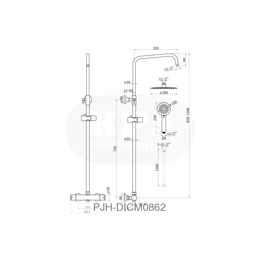 Round Thermo Bar Mixer W/Riser Kit-Blk Bathroom Brands