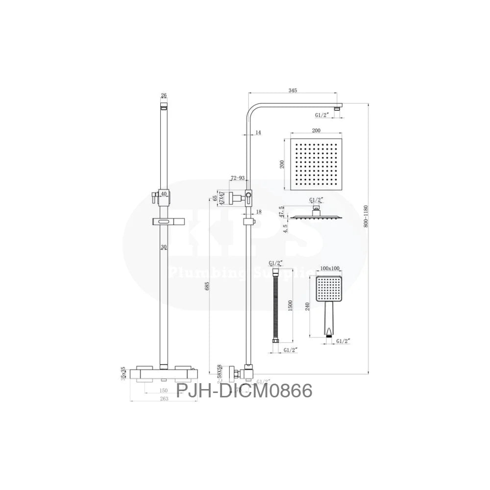 Square Thermo Bar Mixer W/Riser Kit-Chrm Bathroom Brands