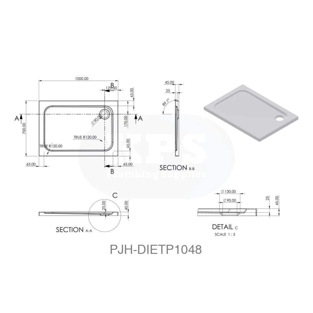 Tray 45Mm White Grp 1000 X 700 Rect & Waste Bathroom Brands