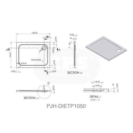 Tray 45mm White GRP 1000 x 760 Rect & Waste Bathroom Brands