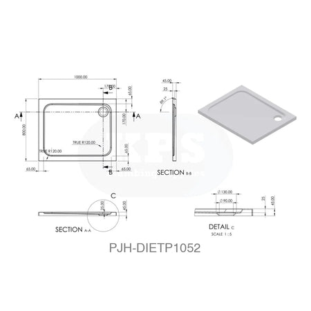 Tray 45mm White GRP 1000 x 800 Rect & Waste Bathroom Brands