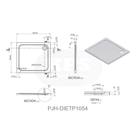 Tray 45mm White GRP 1000 x 900 Rect & Waste Bathroom Brands
