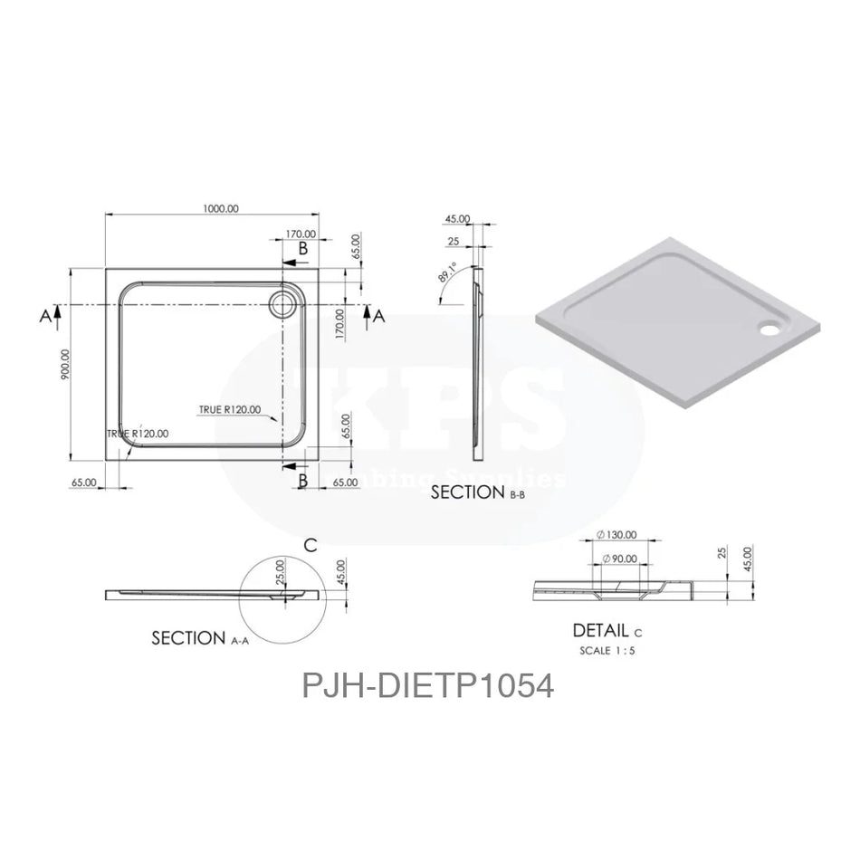 Tray 45mm White GRP 1000 x 900 Rect & Waste Bathroom Brands