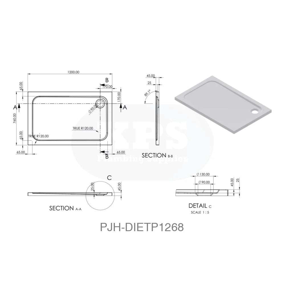 Tray 45mm White GRP 1200 x 760 Rect & Waste Bathroom Brands