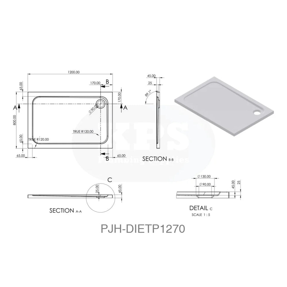 Tray 45Mm White Grp 1200X800 Rect & Waste Bathroom Brands