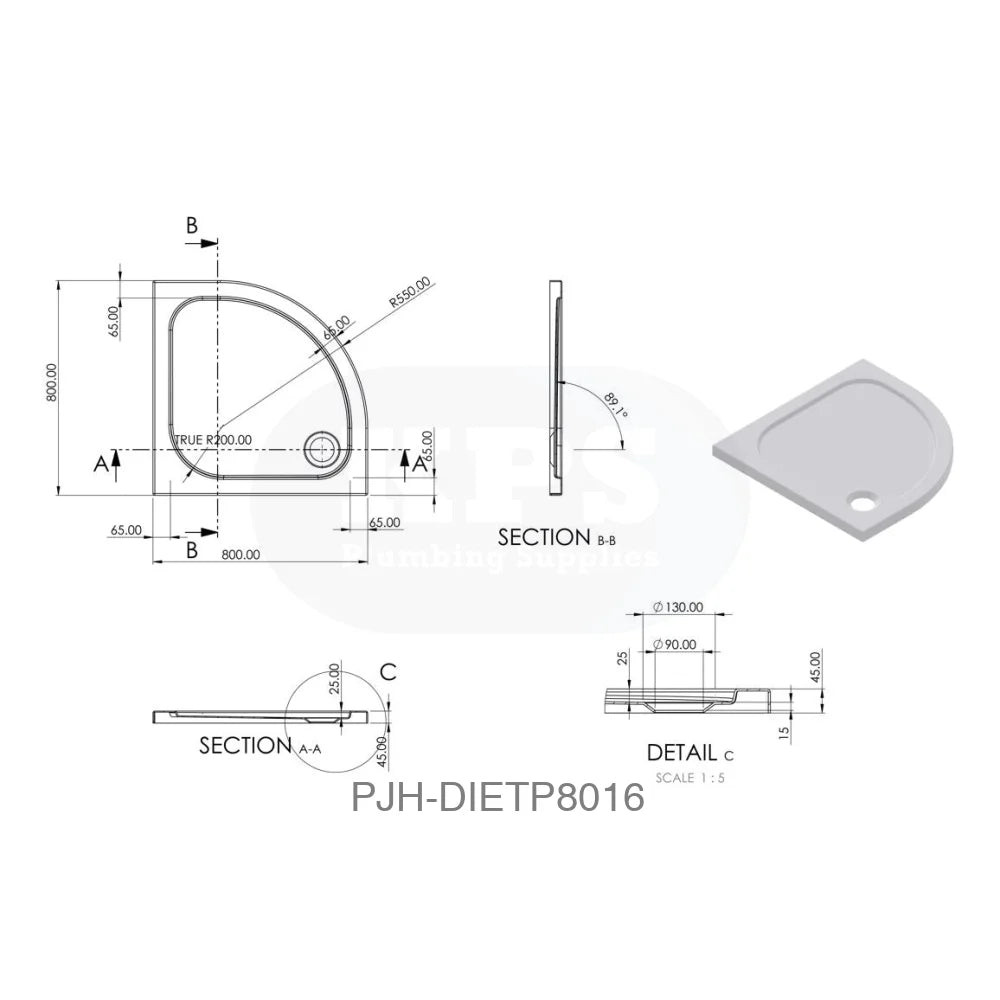 Tray 45mm White GRP 800mm Quad & Waste Bathroom Brands