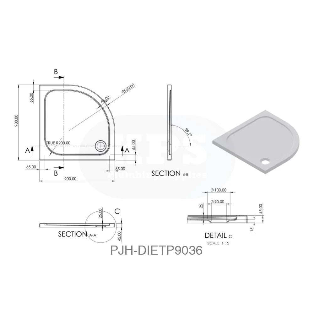 Tray 45mm White GRP 900mm Quad & Waste Bathroom Brands