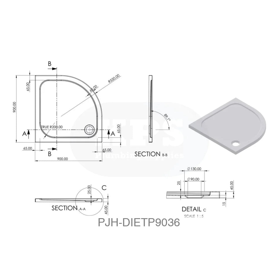 Tray 45mm White GRP 900mm Quad & Waste Bathroom Brands